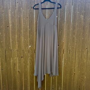 Sympli Taupe Grey Asymmetrical Midi Dress | Size 12 | Flowy Sleeveless Drape